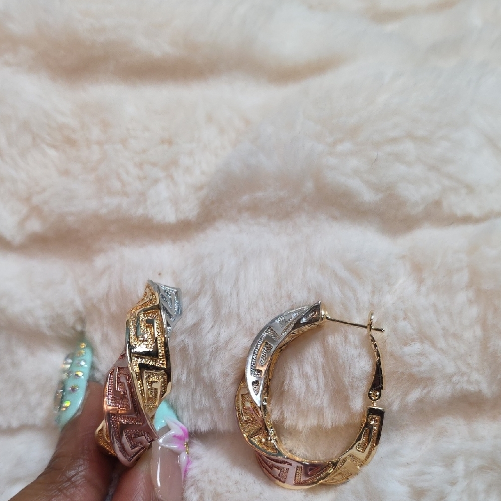 Tri-Tone Twisted Hoop Earrings - Gold, Silver & Rose - Picture 2 of 4